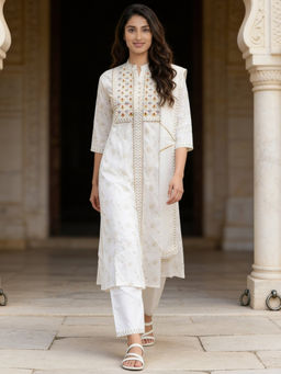 Rangita - Women Off White Embroidered Kurta with Pant and Dupatta
