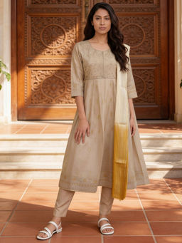 Rangita - Women Beige Embroidered Anarkali Kurta with Pant and Dupatta
