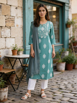 Rangita - Women Turquoise Printed Kurta with Pant and Dupatta