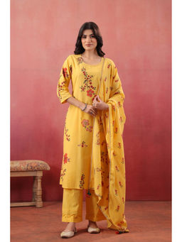 SAVI - Yellow Cotton Printed Straight Kurta with Pant and Dupatta