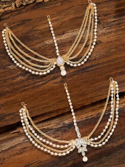 OOMPH - Combo of 2 Gold Tone Kundan and Pearls Traditional Sheesh Phool