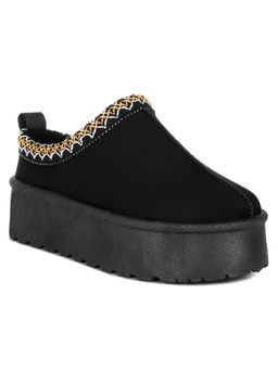 London Rag - Black Embroidered Flatform Fur Classic Slip-On