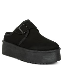 London Rag - Black Buckle Strap Fur Flatform Classic Slip-On