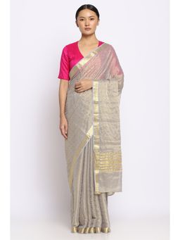 Via East - Metallic Silver Georgette Embroidered Saree with Unstitched Blouse