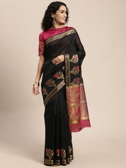 VAIRAGEE - Black and Pink Ethnic Motifs Cotton Saree with Unstitched Blouse