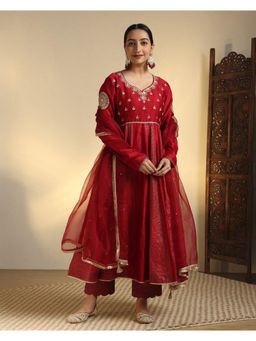 Sarvaa by Kriti - Maroon Devi Embroidered Anarkali and Pant with Dupatta