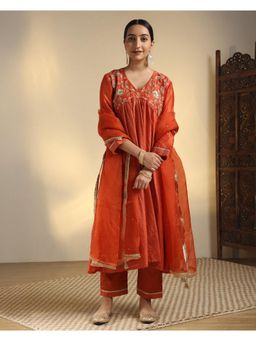 Sarvaa by Kriti - Orange Aabha Embroidered Kurta and Pant