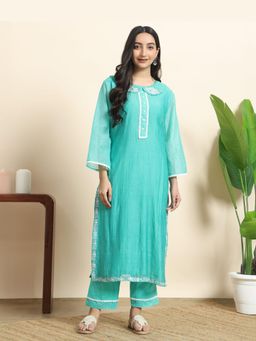 Sarvaa by Kriti - Turquoise Dahlia Embroidered Kurta and Pant