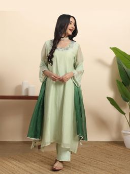 Sarvaa by Kriti - Green Sheetal Embroidered Kurta and Pant