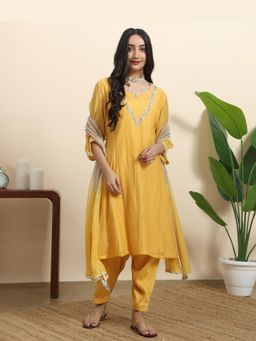 Sarvaa by Kriti - Mustard Aamras Embroidered Kurta and Salwar with Dupatta