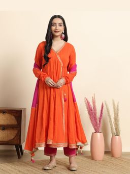 Sarvaa by Kriti - Orange Utsav Embroidered Angrakha and Pant with Slip