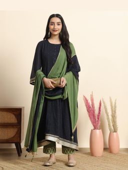 Sarvaa by Kriti - Navy Blue Ipsa Embroidered Kurta and Pant with Dupatta