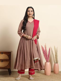 Sarvaa by Kriti - Brown Nirmal Embroidered Anarkali and Pant with Dupatta