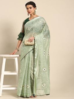 Odette - Green Cotton Embroidered Saree with Unstitched Blouse