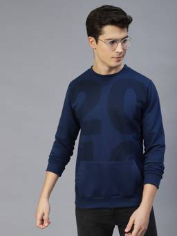 RIGO - Men Navy Blue Printed Round Neck Fleece Sweatshirt
