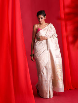 Beatitude - Off White Woven Banarasi Saree with Unstitched Blouse