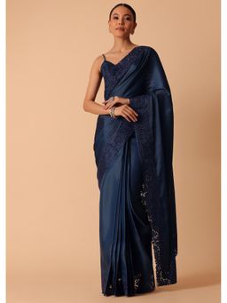 KALKI FASHION - Navy Blue Solid Embroidered Organza Saree with Unstitched Blouse