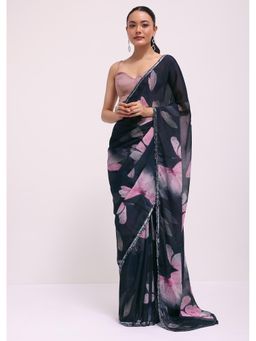 KALKI FASHION - Navy Blue Georgette Printed Embellished Saree with Unstitched Blouse