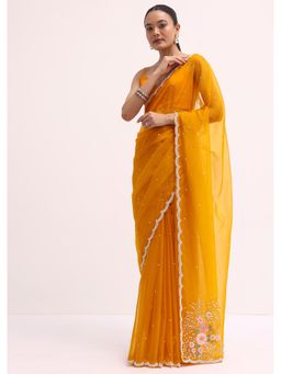 KALKI FASHION - Orange 3D Beads Sequin Organza Saree with Unstitched Blouse