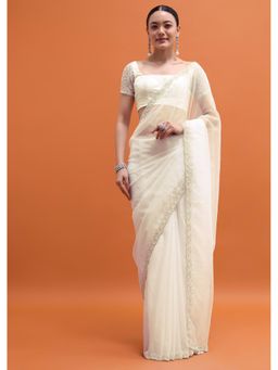 KALKI FASHION - White Solid Beads-Stones Work Saree with Unstitched Blouse