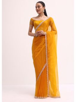 KALKI FASHION - Orange Solid Sequined Border Organza Saree with Unstitched Blouse