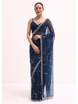 KALKI FASHION - Navy Blue Embroidered Sequined Organza Saree with Unstitched Blouse