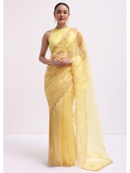 KALKI FASHION - Yellow Sequined Beads Tissue Saree with Unstitched Blouse