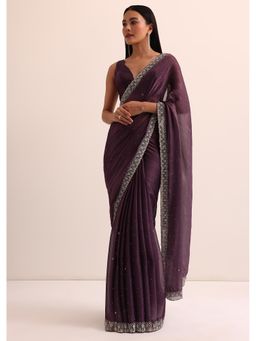 KALKI FASHION - Purple Satin Printed Sequined Saree with Unstitched Blouse