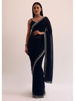 KALKI FASHION - Navy Blue Embellished- Mirror Work Saree with Unstitched Blouse