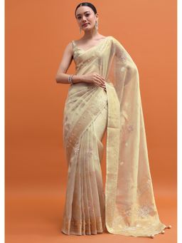 KALKI FASHION - Gold Sequined Woven Tissue Saree with Unstitched Blouse