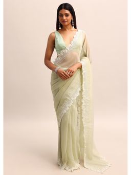KALKI FASHION - Green Georgette Solid Embellished Saree with Unstitched Blouse