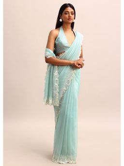 KALKI FASHION - Blue Georgette Solid Embellished Pearl Saree with Unstitched Blouse