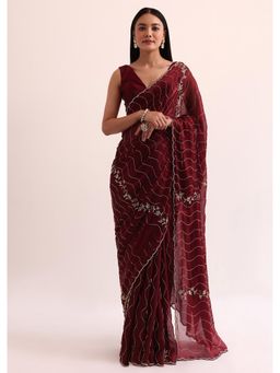 KALKI FASHION - Maroon Tissue Embellished- Sequined Saree with Unstitched Blouse