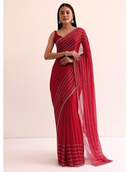 KALKI FASHION - Red Chinon Silk Embellished Saree with Unstitched Blouse