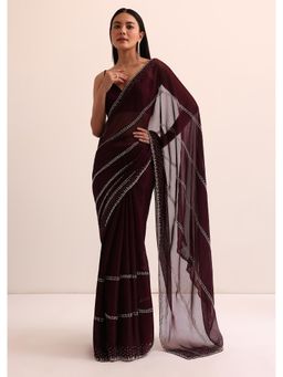KALKI FASHION - Maroon Chinon Silk Embellished Saree with Unstitched Blouse