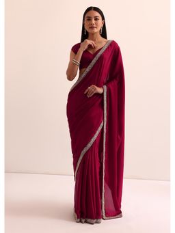 KALKI FASHION - Red Satin Solid Mirror Work Saree with Unstitched Blouse