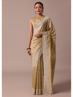KALKI FASHION - Beige Embroidered Tussar Thread Work Saree with Unstitched Blouse