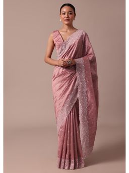 KALKI FASHION - Peach Embroidered Tussar Thread Work Saree with Unstitched Blouse