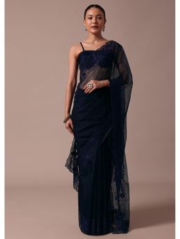 KALKI FASHION - Navy Blue Organza Solid Embroidered Saree with Unstitched Blouse