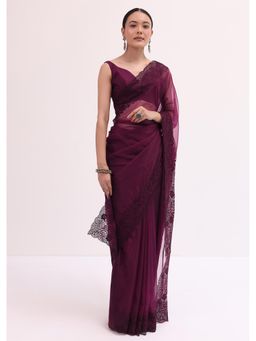 KALKI FASHION - Wine Organza Solid Embroidered Saree with Unstitched Blouse