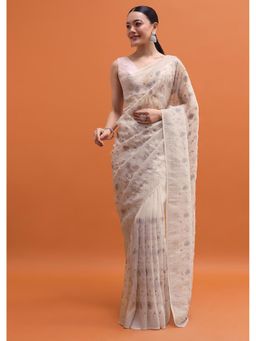 KALKI FASHION - Silver Tissue Resham Work Embroidered Saree with Unstitched Blouse