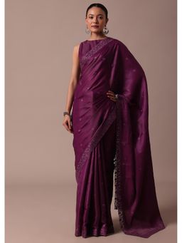 KALKI FASHION - Wine Embroidered Tussar Thread Work Saree with Unstitched Blouse