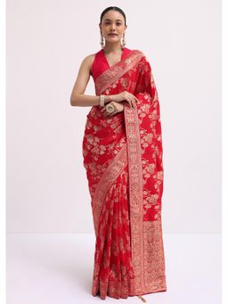 KALKI FASHION - Red Woven Zari Jaal Dola Silk Saree with Unstitched Blouse