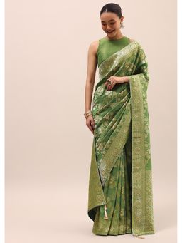 KALKI FASHION - Green Silk Woven Butta Work Saree with Unstitched Blouse