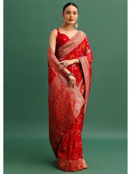KALKI FASHION - Red Dola Silk Woven Zari Work Saree with Unstitched Blouse