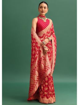 KALKI FASHION - Red Georgette Woven Zari Motifs Saree with Unstitched Blouse