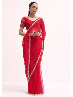 KALKI FASHION - Red Solid Sequined Border Organza Saree with Unstitched Blouse