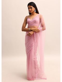 KALKI FASHION - Pink Resham Embellished Work Net Saree with Unstitched Blouse
