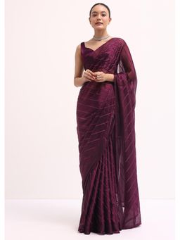 KALKI FASHION - Wine Glass Tissue Embroidered Swarovski Stone Saree with Unstitched Blouse