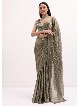 KALKI FASHION - Stone Olive Embroidered Tissue Swarovski Saree with Unstitched Blouse